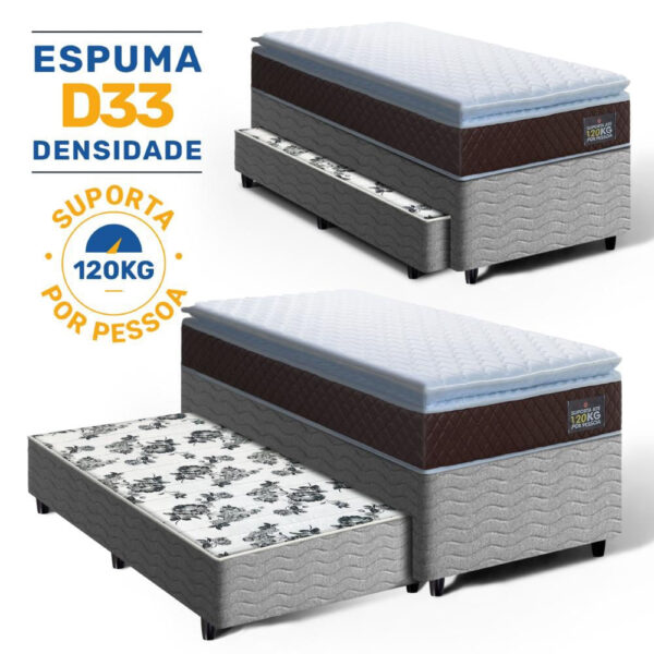 Cama Box com Colchão de Espuma D33 Pillow Top Comfort Luxo + Auxiliar de Espuma Unique Solteiro 88cm