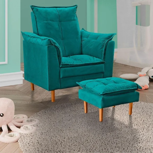 Poltrona De Amamentação Loana Com Puff Suede azul Turquesa