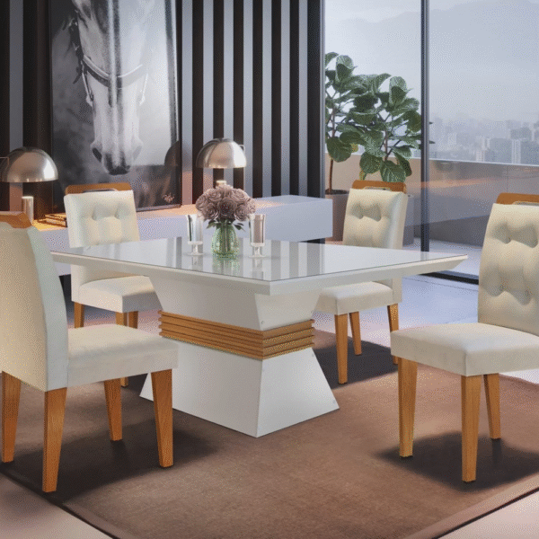 Conjunto Sala De Jantar Mesa Clarice 120X80Cm Tampo Vidro/Mdf Canto Reto Com 4 Cadeiras Valentina