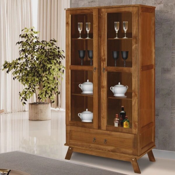 Cristaleira Roma Pinus com hdf Porta de Vidro Retrô