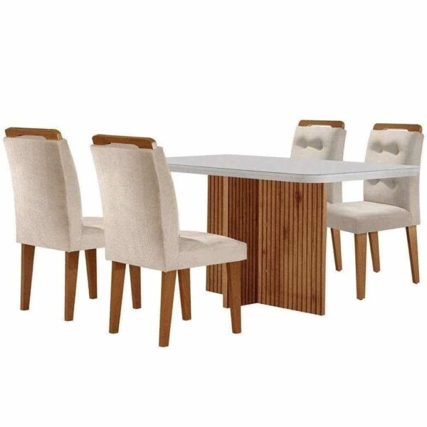 Sala De Jantar Mesa Olímpia 120cm Mdf Vidro Canto Copo Com 4 Cadeiras Creme, Off White E Imbuia